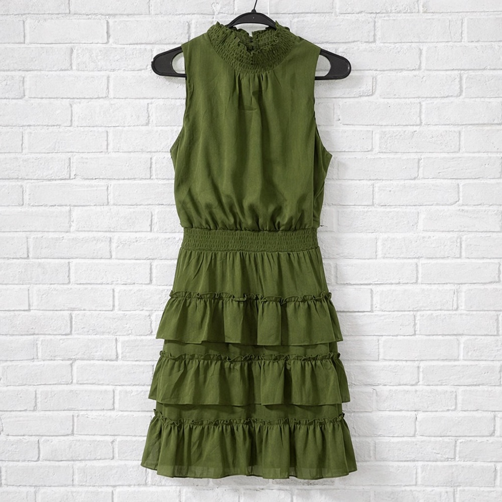Chic Olive Green Ruffled Mini Dress